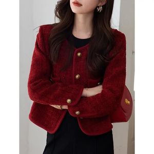 Vintage tweed jaqueta feminina outono vermelho único breasted casacos curtos bolsos femininos elegante engrossado quente feminino senhora casaco mujer 240201