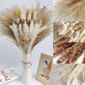 Dekorativa blommor fluffiga pampas gräsbukett 80st torkad uppsättning boho heminredning pompös stor vass kanin svans vete stjälk