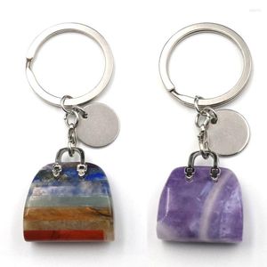 Keychains XSM Natural Amethyst Women Handbag Stone Pendant Keychain 7 Chakra Reki Healing Crystal Gems Beads Key Chain Ring