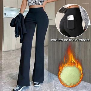 Calças femininas alta qiality 2024 lã de inverno engrossar calça flared yoga leggings mulheres casuais de cintura alta perna larga calças de estiramento de pelúcia