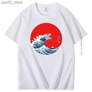Herr t-shirts herr t-shirt hokusai gojira bomull t-shirt Great Wave Off Kanagawa Vintage Graphic T Shirts Summer Mens Kort ärm T-shirt Q240201