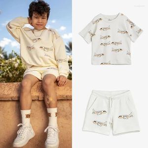 Kläder sätter 2024 barn pojkar tröjor mini rodini pojke långärmad klädtecknad shorts set för våren barns baby outwear