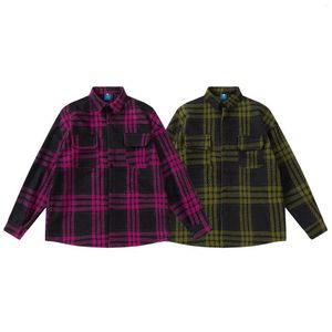 Camisas casuais masculinas botão de pressão homens jaqueta de flanela manga longa xadrez retro masculino camisa solta ajuste roxo tamanho grande roupas vintage