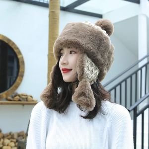 Winter Knitted Lei Feng Hat Female Cute Mongolian Hat Warm Ear Protection Princess Hat Damp Plush Wind Proof Cycling Outdoor Hat 240122