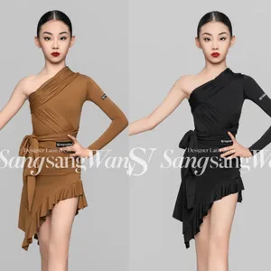 Stage Wear Girls Latin Dance Clothing Practice Brown Black Tops Irregular Skirt Cha Rumba Performance Dresses DNV19427