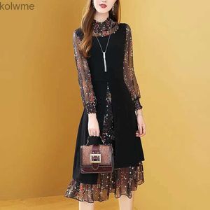 Basic Casual Dresses Elegant A-Line Waist Midi Dress Fake Two Pieces Spliced Womens Vintage Broken Flowers Spring Autumn Half High Collar Dresses YQ240201