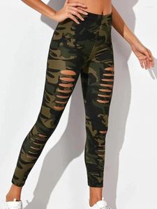 Kvinnors leggings cutout rippade graffiti stil kamouflage tryckt sommar smala sträckbyxor armé gröna leggins sexiga byxor
