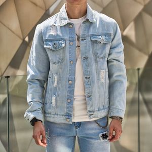 Mode streetwear män rippade smal denim jacka manlig högkvalitativ nödställd casure jean jacka kappa 240119