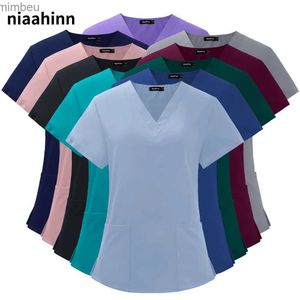 Damska koszulka kosmetyczna Salon Salon Mundur Elastyczne oddychanie Spandex Pielęgniarka Akcesoria Moda Slim Fit Tops Letni laboratorium szorowania Ubrania Kobiety L240201