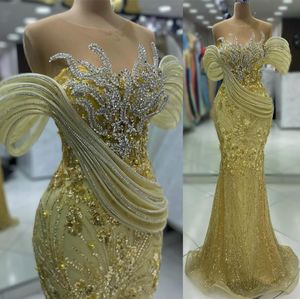 2024 Aso Ebi oro sirena abito da ballo con perline cristalli collo trasparente da sera festa formale secondo ricevimento compleanno abiti di fidanzamento abiti Robe De Soiree ZJ88