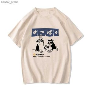 Homens camisetas Mulheres Camiseta Streetwear Japonês Harajuku Engraçado Bebendo Gato T-shirt 100% Algodão Verão Desenhos Animados Camiseta Unissex Hip Hop Tops Tees Q240201