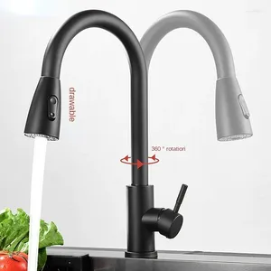 Rubinetti per lavandino del bagno Rubinetto da cucina in nichel spazzolato Foro singolo Bocca estraibile Miscelatore Rubinetto spruzzatore a getto Cromo / nero