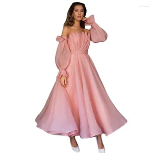 Casual Dresses Prink Folds Elegant Women Dress Axless Lantern Sleeve Ball Gown Ankle Length Solid Fashion Long Cic aftonkläder