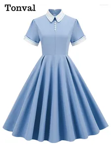 Vestidos de festa Tonval Peter-Pan Collar Botão Front Vintage Midi Swing Dress Elegante para Mulheres 50s Robes Femme Noite Retro Bolso