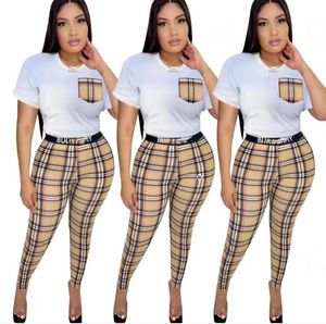 Women's fashion Sexy casual temperament two-piece set short sleeve classic t-shirt+pant plaid sport crop sexy tshirt legging pants trousers