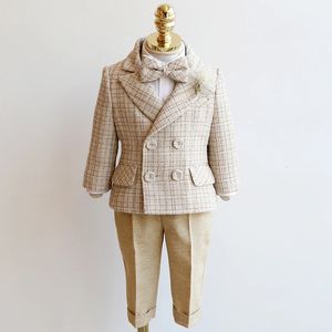 Children's Houndstooth Formal Suit Set Boys Wedding Birthday Party Champagne Costume Kids Double Breasted Blazer Pants Clothes 240119