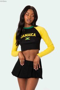 T-shirt da donna Y2K Donna Top Fashion High Street Maniche lunghe Sexy Jamaica Lettera Stampa Cut Top Slim Fit Retro Personalizzata Novità L240201