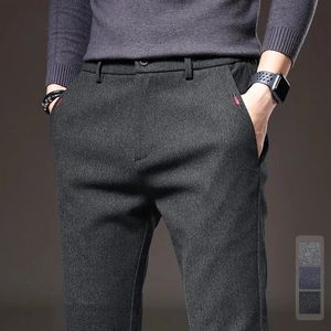 2024 Spring Men's Casual Pants Slim Straight Cotton Elastic Waist Male Business Trousers Fashion Korean Gray Blue Black 240125