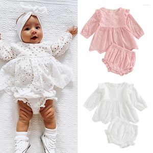 Clothing Sets Toddler Baby Girl Clothes Set Solid Color Cutout Round Neck Long Sleeve Dress Tops Elastic Casual Ruffle Shorts Sunsuits
