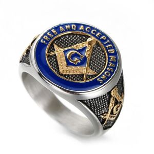 2020 New Blue Fashion Gold Color Male Masonic Ring Casting Titanium Stainless Steel masonry Masonic Rings for Men's Jewel241E