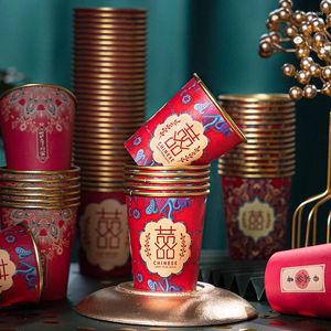 Disposable Cups Straws 50pcs Wedding Chinese Red Cup Gold Foil Thicken Festive Party Supplies Banquet Paper