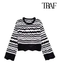 Women's Sweaters TRAF Women Fashion Striped Chenille Cropped Knit Sweater Vintage O Neck Long Sleeve Female Pullovers Chic Tops