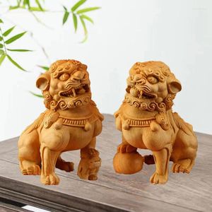 Decorative Figurines Wood Carving Chinese Forbidden City Lion Statuette Characteristics God Beast Animal Home Room Office Feng Shui Statue