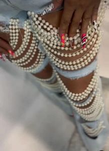 Kvinnors jeans beachapche raka kvinnor hål pärlor diamant strister solida hög midja mode bomullsgata denim byxor