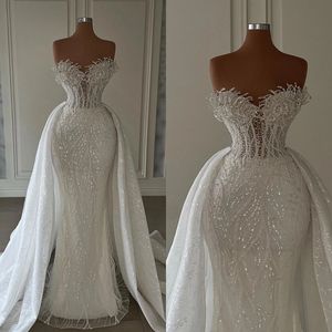 Glamorous Lace Bridal Gowns Strapless Pearls Wedding Dress Custom Made Sequined with Detachable Train Bride Dresses Vestido de novia