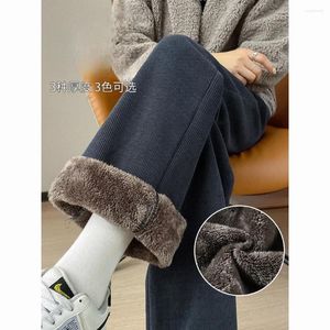 Calças femininas inverno perna larga mulheres outono plush extra grosso lã de cordeiro quente reta corredores coreanos