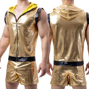 Canotte da uomo Boxer Slip Pantaloncini senza maniche Gilet con cappuccio Oro lucido attillato in pelle Clubwear Set Costume di scena 240129