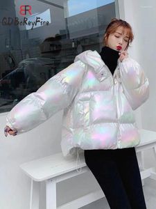 Kvinnors dike rockar Autumn Winter Cotton Jacket tjock varm kappa färgglad ljus huva vadderade toppar koreanska modeparkas kvinnors kläder