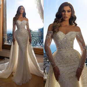 Classic Mermaid Illusion Wedding Dresses Off Shoulder Lace Crystals Bridal Gowns Custom Made with Detachable Train Vestido de novia