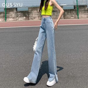 Kvinnors jeans oussyu kvinna hög midja bred ben split bomull denim kläder blå streetwear vintage mode harajuku raka byxor