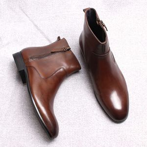 Stivali casual classici da uomo con cerniera marrone nero alla caviglia in vera pelle per uomo, scarpe da uomo formali fatte a mano