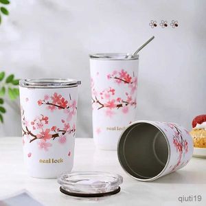 Thermoses 304 Stainless Stee Cup Cherry Blossom Thermal Mug with Lid Hands-on Straw Cup Milk Tea Coffee Cup Leak-Proof Water Cup Travel