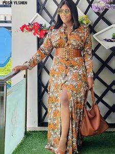 Etniska kläder breda bälte afrikanska långa klänningar för kvinnor 2024 Traditionell Nigeria Flower Print Caftan Dress Abaya Musulman Robe Femme