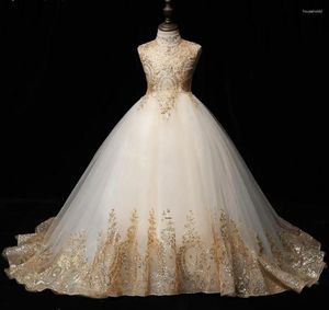 Mädchen Kleider Blumen Tutu Langes Kleid Goldene Pailletten Spitze Mädchen Ballkleider Party Abend Prinzessin Hochzeit