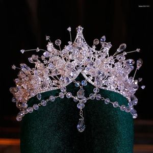 Hårklipp barock lyxig frontlet kristallpärlor brud tiaras krona rhinestone tävling diadem brud huvudstycke bröllop tillbehör