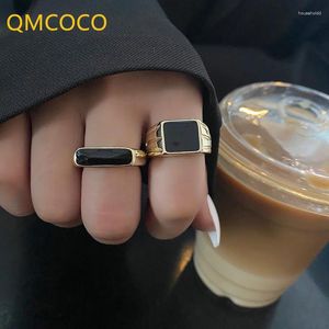 Cluster Rings QMCOCO Silver Color Wide For Men Women Fashion Vintage Creative Black Geometric Hip-Hop Punk Party Fine Jewelry Gifts