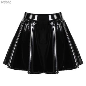 تنورات تنورة قليلة للنساء لامعة براءات الاختراع الجلدية الجلود الأداء الرقص Mini Skirt Clubwear Cosplay Costume Retro Dress YQ240201