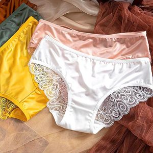 Women's Panties Lace Underwear Seamless Satin Silk Ladies Briefs Solid Mid Waist Sexy Woman Lingerie Underpants