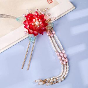 Hair Clips U-shaped Hairpins Chinese Hanfu Sticks For Women Red Flower Long Tassel Beaded Tiaras Headpiece Retro Bride Wedding Jewelry