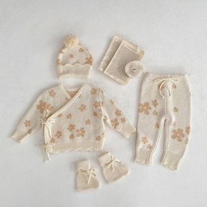 Kläder set miniainis höst vinter baby stickade kappbyxor hatt strumpor 4 stycken passar flickor tröja set barn beige varma kläder