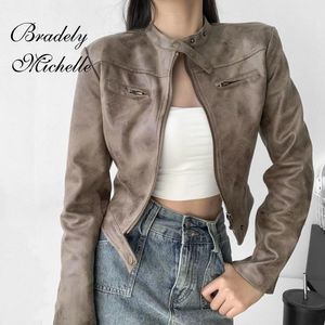 Women's Jackets BRADELY MICHELLE 2024 Casual Outwear Autumn Long Sleeve Vintage Slim Jacket Pocket Zipper Solid Coat