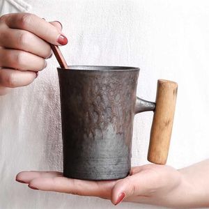 Criativo japonês cerâmica caneca de café tumbler ferrugem esmalte com alça de madeira leite cerveja copo de água escritório em casa drinkware 300ml2751