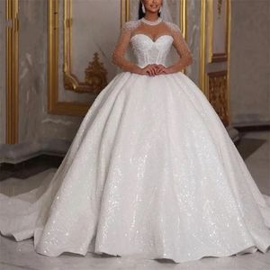 Sparkle African Wedding Dress 2024 Luxury Ball Gown Glitter Beads Crystal Long Sleeves Sexy Dubai Bride Bridal Gown Custom Made Vestido De Novia