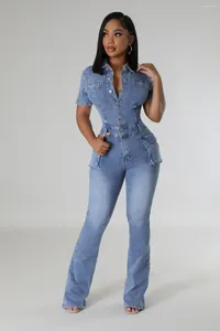 Kvinnors jeans breda ben romper sexiga kvinnor avvisar krage elegant denim casual jumpsuit övergripande