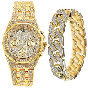 2 Stück Gold-Uhrenarmband für Männer, kubanische Kette, männlich, Bling, Iced Out, Armbanduhr, Luxus-Top-Marke, Frauen, Jungen, Uhr-Set, Trauzeugen-Geschenk 240126