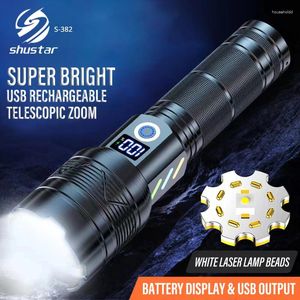 Flashlights Torches High Power LED Flashlight Waterproof Zoom Torch Camping Fishing Lantern USB Rechargeable 26650 Lights With Display